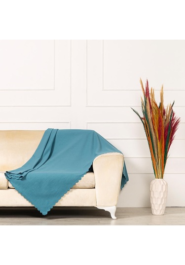 Mavi Dokuma Kadife Şönil Düz Kumaş Çift Taraflı Koltuk Şalı Örtüs