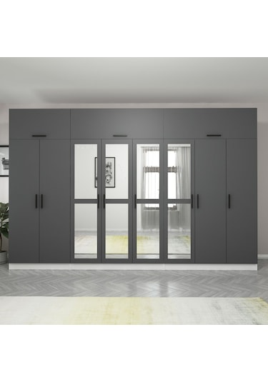 Minar Kale 8 Kapaklı 4 Aynalı 4 Ç Dolap Ve Yüklük Beyaz Antrasit 255cm