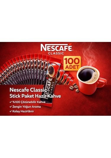 Kahve Classic 2 Gr Stick Hazır Kahve 100 Adet %100 Çözünebilir Yoğun Aromalı