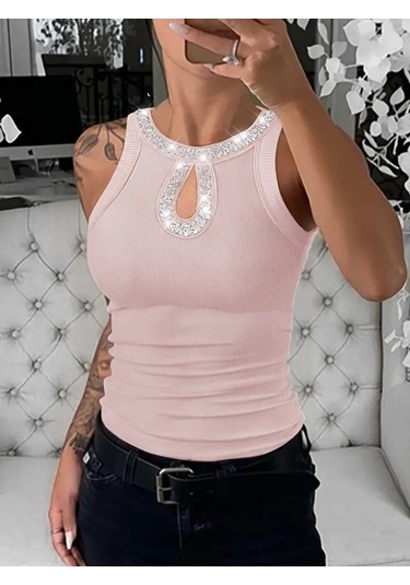 The İstanbul Kadın Halter Kollu Yuvarlak Taşlı Yaka Damla Detaylı Kaşkorse Bluz Pembe