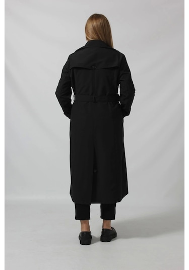 Dizaltı Düğmeli Kuşaklı Trençkot Siyah Siyah