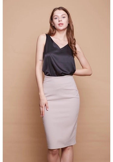 Astarlı Yüksek Bel Diz Altı Hafif Likralı Yırtmaçlı Kumaş Ofis Kalem Etek-taş Taş