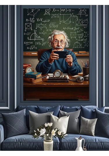 Ahşap Tablo Tabletle Uğraşan Bilgin Albert Einstein