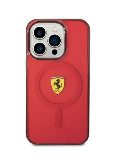 İphone Uyumlu 14 Pro Max Kılıf Ferrari Magsafe Şarj Özellikli Yarı Transparan Dizayn Kapak Kırmızı