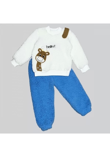 1-2-3 Yaş Hello Zürafa Nakışlı Kuzu Kumaş Sweat Pantolon Uzun Kollu Kız Erkek 2 Li Takımı Saks Mavisi