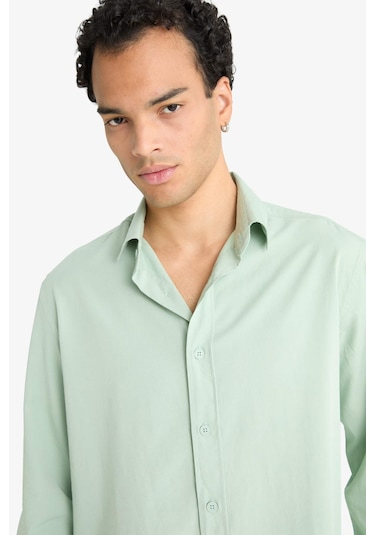 Defacto Regular Fit Polo Yaka Dokuma Uzun Kollu Gömlek F6341ax25augn1135 Yeşil