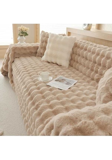 Novahub Kış Yumuşak Tavşan Peluş Kanepe Havlusu, Modern Düz Renk Açık Kahve Örtü Açık Kahve
