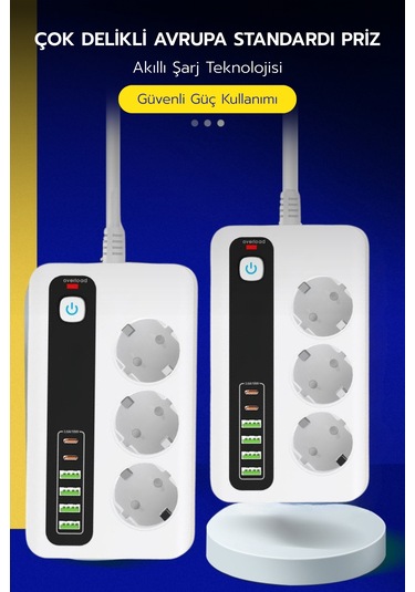 Pro P10 3x Priz 3000w Akım Korumalı 4x Usb 2x Type-c Girişli Çoklu Priz 0.2 M