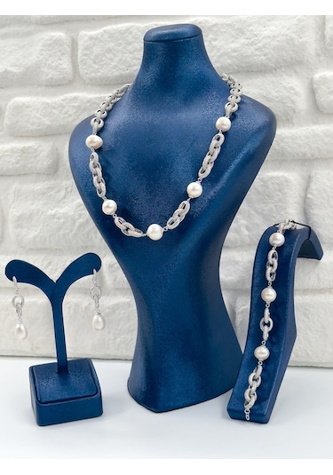 Özel Tasarım İncili 3'lü Kadın Gümüş Set - Kolye Seti Gümüş