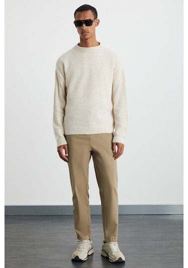 GRIMELANGE Reese Erkek Rahat Fit Beli Lastikli Dokuma Pamuk Elastan Kumaşlı Yıkamalı Bej Pantolon Bej