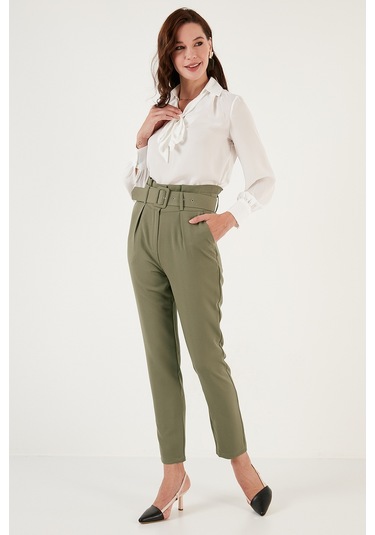 Lela Yüksek Bel Cepli Kemerli Regular Fit Kumaş Bayan Pantolon 611Pl04 Olive