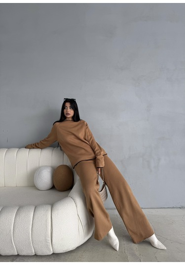 Kadın Kapüşonlu Çizgi Detaylı Triko Alt-üst Takım Camel