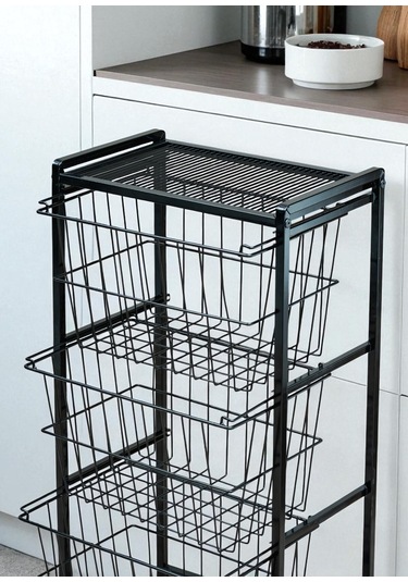 Dekoratif Siyah Metal Sebzelik 3 Raflı Tel Sepetli Çok Amaçlı Stand Siyah