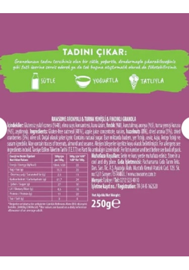 Glutensiz Aronyalı & Turna Yemişli & Fındıklı Granola 250 G