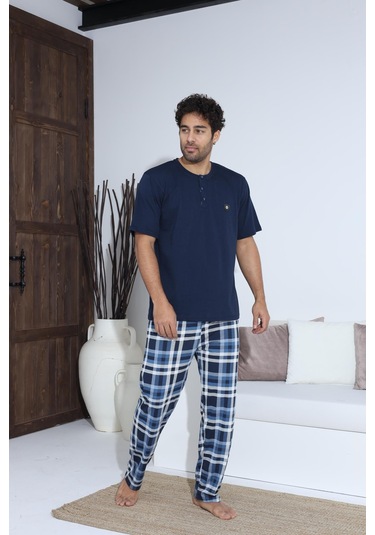 Erkek 70042 Kısa Kol Yaka Düğmeli Pijama Takımı Lacivert Lacivert