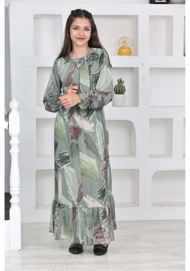 Genç Kız Pamuk Astarlı Şifon Kumaş Uzun Tam Boy Tesettür Elbise Yeşil