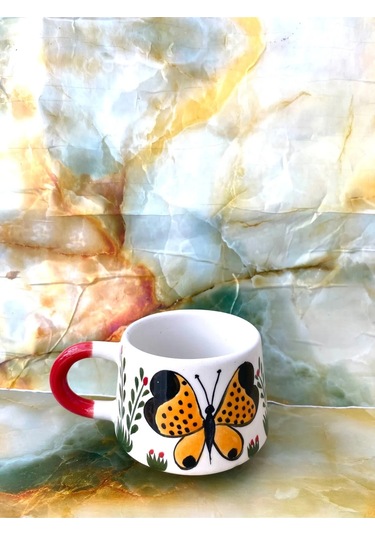 Kazan Modelli Kelebek Tasarımlı Kupa Bardak Beyaz