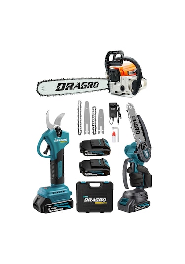 Dragro Drg-99 3'lü Set 9.9 Hp Benzinli Odun Ağaç Kesme Motoru 21v Akülü Dal Budama Makası Ve Testere M