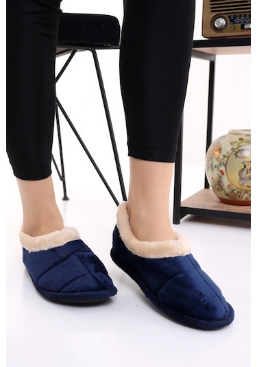Wordex U040 Kadın Erkek Ev İçi Yünlü Kışlık Ev Pandufu Ev Ayakkabısı Lacivert