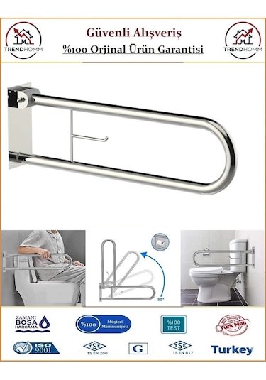 Trendhomm Mafsallı Engelli Tutunma Barı - Bedensel Engelli Tutunma Barı - 73x23 Krom