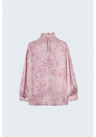 Sateen Desenli Uzun Kollu Bluz - Pembe-137491