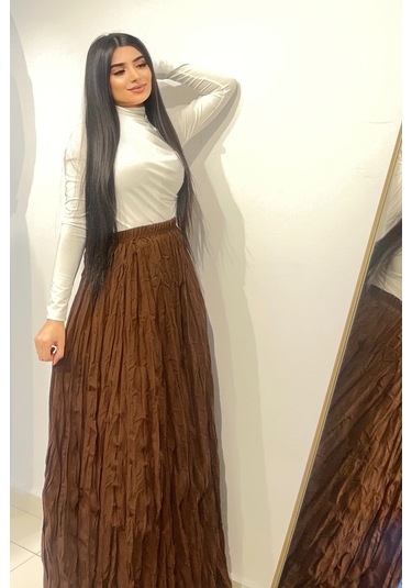 Etk004 Beli Lastikli Buruşuk Mikro Uzun Kadın Etek Kahve