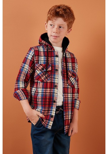 Lela Ekoseli Kapüşonlu Cepli Kışlık Oduncu Erkek Çocuk Gömlek Cf24W81779 Kırmızı