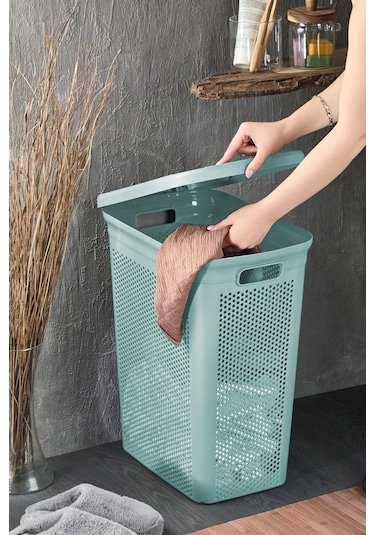İronika Slim İki Bölmeli Kapaklı Dekoratif Kirli Çamaşır Sepeti 90 Litre Yeşil - Beyaz Yeşil
