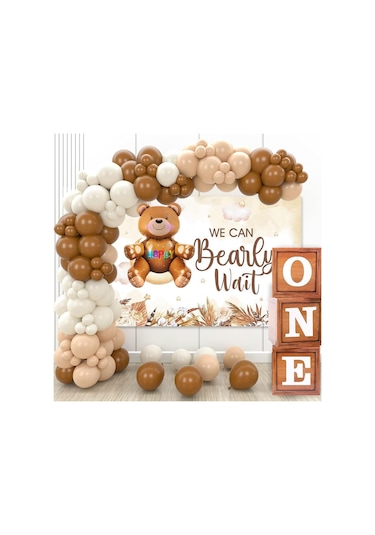Oyuncak Ayı Temalı 1 Yaş Doğum Günü Seti Ahşap Görünümlü One Kutu Ve Retro Balon Zincir Set