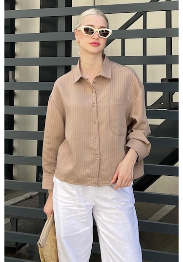 Madmext Camel Çizgili Oversize Kadın Gömlek Mg2093-camel Camel