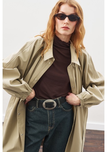 Oversıze Bağlamalı Midi Trençkot Haki Haki