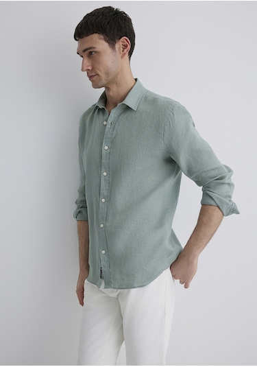 Mavi - Gri Keten Gömlek 0211466-70113 Yeşil
