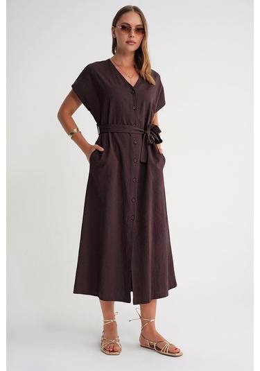 4721 Kadın V Yaka Düğme Detaylı Keten Elbise Kahve Kahve