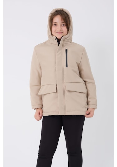 Kız Çocuk Taş İçi Kürklü Su Ve Rüzgar Geçirmez Kapüşonlu 3 Cep Kışlık Mont & Kaban & Parka Taş