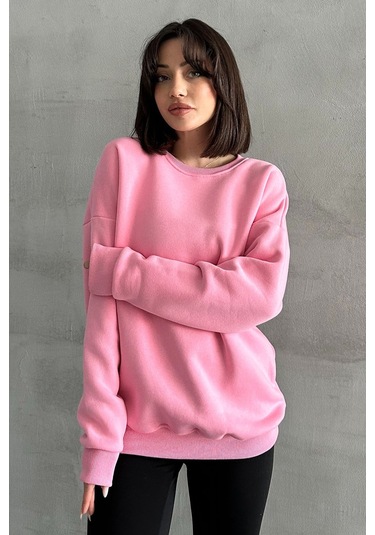 Kadın Pembe Bisiklet Yaka Oversize Sweatshirt Pembe