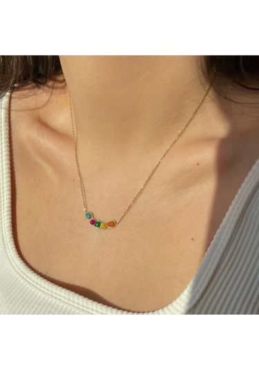 Vintage Renkli Taşlı Çelik Kolye Altın