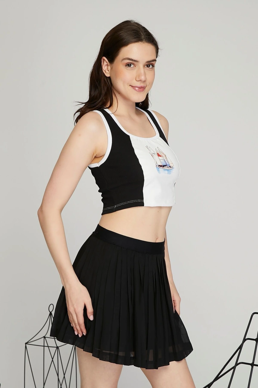 Kadın Deri Crop Ribana Kaşkorse Likralı Deri Garnili Baskılı Crop Büstiyer Deri Üzeri Baskılı Crop Siyah