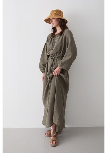 Çağla Bağlama Detaylı Müslin Elbise - 2004 Çağla