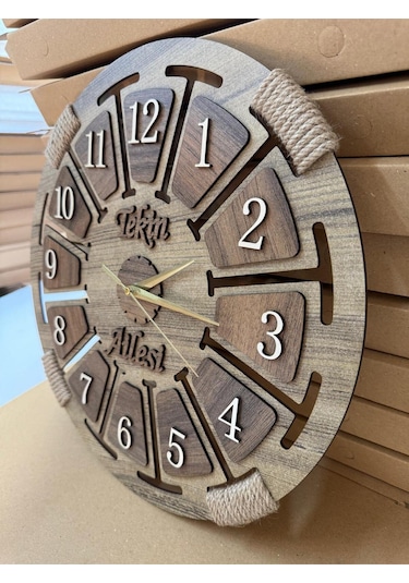 Kişiselleştirilebilir Ahşap Dekoratif Halatlı Duvar Saati Bej