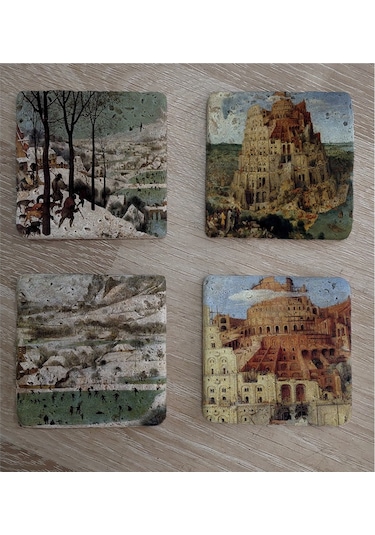 Pieter Brueghel Babil Kulesi Ve Eserleri Doğal Taş Bardak Altlığı 4'lü Set - Natural Stone Coasters - Taş Çok Renkli