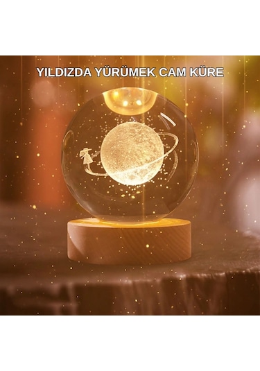 Kız Figürlü Sarı Cam Küre Işıklı Büyük Boy Ahşap Standlı Dekor 02