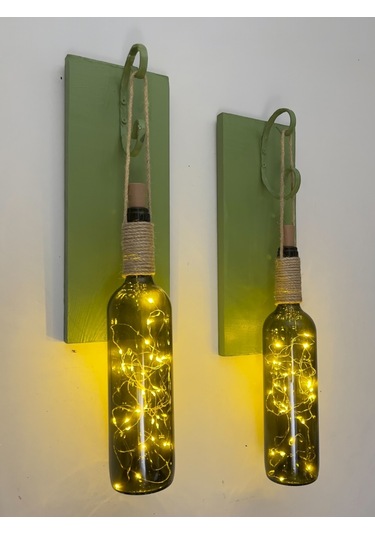 Led Işıklı Yeşil Ahşap Renkli Retro Şarap Şişesi Duvar Aplik 2'li Set Yeşil