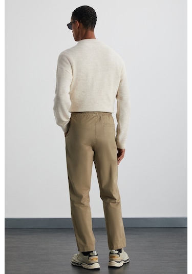 GRIMELANGE Reese Erkek Rahat Fit Beli Lastikli Dokuma Pamuk Elastan Kumaşlı Yıkamalı Bej Pantolon Bej