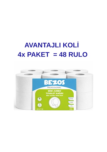 Bezos Professional Mini Jumbo Tuvalet Kağıdı 48 Rulo 2 Katlı %100 Selüloz Endüstriyel & Ev Tipi Kullanım 4x12rulo