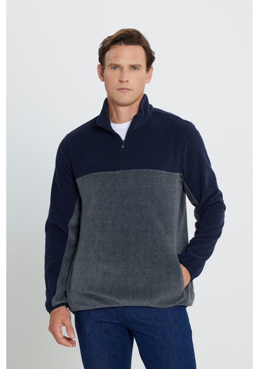 AC&Co / Altınyıldız Classics Erkek Lacı A.melanj Anti-pilling Tüylenme Yapmayan Standart Fit Bato Yaka İçi Polarlı Çift Renk Polar Sweatshirt Lacivert