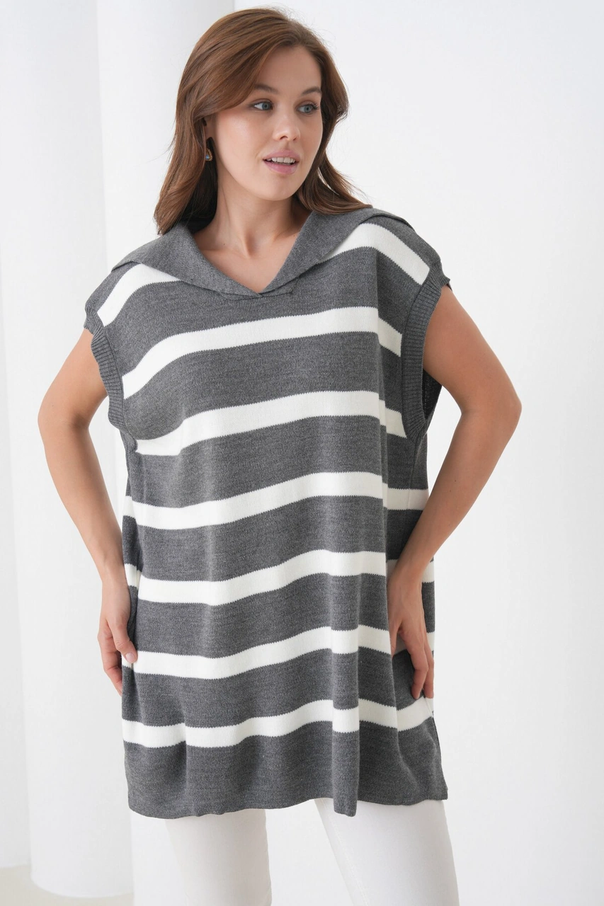 Kadın Kolsuz Gömlek Yaka Triko Tesettüre Uygun Spor Şık Yelek Gri