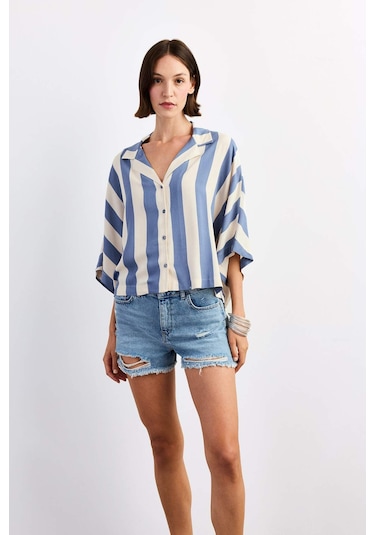 Defacto Oversize Geniş Kalıp Çizgili Kısa Kollu Gömlek G1324ax25smbe472 Mavi