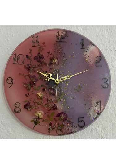 Pelince - Pembe Mor Tomurcuk Güllü Epoksi Duvar Saati Özel Tasarım - Tek Üretim - 30 Cm Pembe