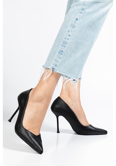 Suins Hakiki Deri Morgen Model Kadın İnce Topuklu Stiletto Ayakkabı Siyah