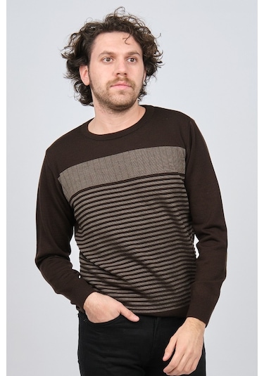 Desen Triko Erkek Bisiklet Yaka Desenli Yün Kazak 0249639 Kahvere Kahverengi